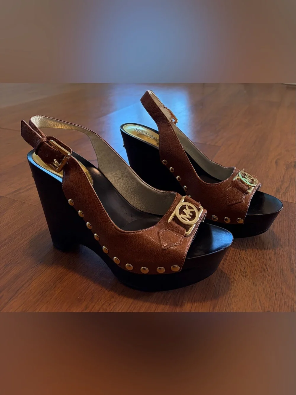 Michael Kors Charm Slingback Brown with Gold-Accent Wedge Sandals